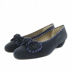イヴサンローラン YVES SAINT LAURENT パンプス アーモンドトゥ ヒール リボン スエード 35 紺 ネイビー /AN24 ■MU