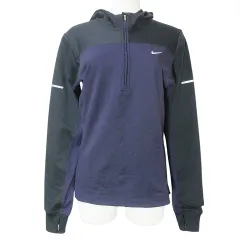 ナイキ NIKE 美品 DRY FIT パーカー ハーフジップ プルオーバー ランニングウェア 長袖 裏起毛 サムホール ロゴ バイカラー 黒 紫 ■GY31 X