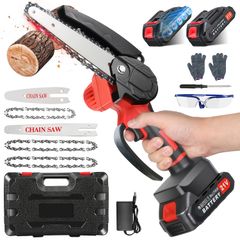 ミニチェーンソー 4/6インチ コードレス 小型ハンドヘルドチェーンソー 大容量バッテリー2個付き、安全ロック機能付きの電動チェーンソー、木材の切断や庭の手入れ、樹木の剪定に最適