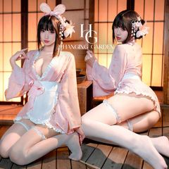 【フリーサイズ】セクシーランジェリーエロメイドコスプレコスチューム可愛い下着カチューシャスエプロン付きトッキングオープンクロッチＴバック和風浴衣ピンクナイトウェア