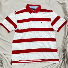 TOMMY HILFIGER トミー　ヒルフィガー　ボーダー ポロシャツ　XXL  2XL 3Lレッド × ホワイト　赤 × 白　半袖　トップス　刺繍　刺しゅう　ロゴ　コットン
