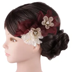 髪飾り 成人式 振袖 前撮り 袴 花 赤 ワインレッド ゴールド 白 ビーズ レース シフォン ふわふわ 小さい 2点セット 着物 和装 No.9-5630