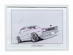 【最新作】日産 ニッサン スカイライン ハコスカ GTR 2ドア　カスタム　鉛筆画　名車 旧車 ノスタルジックカー イラスト 絵画 デッサン 絵　A4サイズ   額付き 作者直筆サイン入り 車好き 男性 バースデー  退職祝い ギフト クリスマス プレゼント
