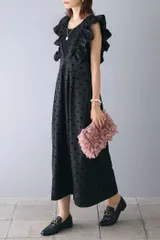 オールインワン ショルダーフリル フレア袖 ドット柄 プルオーバー サロペット ジャンパースカート レディース 服 体型カバー 楽ちん きれいめ 可愛い おしゃれ 20代 30代 40代 50 X38r333