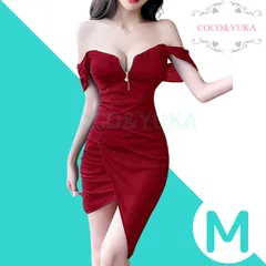 [ COCO&YUKA公式 ] ココアンドユカ 胸 開き チャック タイト ワンピース キャバ 嬢 ドレス 肩出し オフショルダー ミニ 膝丈 スカート カシュクール ワンピ 半袖 パット 付き レディース 半袖 ノースリーブ レッド M B0CJ2DXQZ7