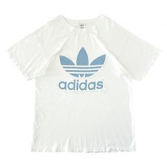 90s USA製 adidas ビック トレフォイル 両面プリント Tシャツ ビックサイズ コットン オフホワイト くすみ ブルー