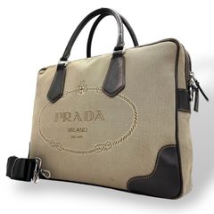 PRADA プラダ ジャガードロゴ 2WAY ビジネスバッグ ショルダーバッグ キャンバス レザー ベージュ ブラウン 南京錠 メンズ レディース Z4