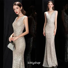 マーメイドドレス スパンコール キラキラドレス Vネック タイトドレス イブニングドレス 発表会ドレス シルバー グレー ローズゴールド