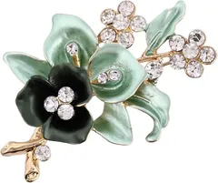 Miaomyao ミャオミャオ キュービックジルコニア ゴールド 花 フラワー リース リーフ リング ブローチ アクセサリー レディース プレゼント ボックス クロス セット(グリーン,  小さめ)