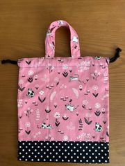 ピンク猫柄☆ハンドメイドエプロン袋　お着替え袋　くつ袋
