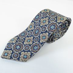#ae メーカーズシャツカマクラ Maker's Shirt 鎌倉 ネクタイ 茶系 青系 総柄 シルク タグ付き 美品 日本製 イタリア製生地 メンズ 945945 k01