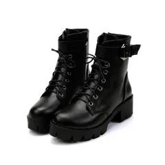 23.5 cm_ブラック [ＮＯＭＳＯＣＲ] 5CM レースアップ 厚底 ショートブーツ レディース 太ヒール 編み上げブーツ 黒 サイドジップ 美脚 歩きやすい オシャレ (23.5cm)