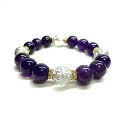 12mm 四神獣銀彫水晶×アメジスト パワーストーン ブレスレット天然石 運気上昇 開運  [24] 恋愛運 お守り 青龍 白虎 玄武 朱雀　[24] 2月誕生石（ゴールド）メンズ・レディース　男性・女性　数珠ブレス　開運  [24] 