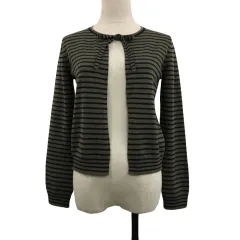 ボンポワン BONPOINT カーディガン ニット ラウンドネック ボーダー リボン ウール アンゴラ混 長袖 S カーキ 黒 ブラック