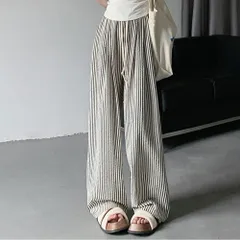 ☆ ホワイト×ブラック ☆ Lサイズ ☆ ワイドパンツ レディース ストレートパンツ ワイドパンツ レディース イージーパンツ パンツ カジュアルパンツ ズボン ロングパンツ 長ズボン ストライプ 柄 体型カバー ゆったり ポリエステル ロング ハイウエスト