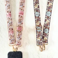 インド刺繍リボン スマホショルダー ショルダーストラップ ショルダーベルト 薔薇 ピンクorチャコールグレー