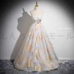 カラードレス プリンセスライン ゴールド キャミソール 袖なし ロングドレス ウェディングドレス 結婚式 二次会 花嫁 前撮り 演奏会 発表会