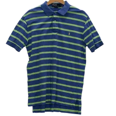 Polo by Ralph Lauren/ポロバイラルフローレン ボーダー柄 ポニー刺繍 半袖 ポロシャツ ボタンダウン ワンポイントロゴ刺繡 オーバーサイズ フィリピン製 メンズ M ブルー/グリーン