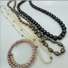 A【ヴィンテージ】本真珠 黒蝶真珠 アクセサリーネックレス ロングネックレス ブレスレット 5点セット まとめ売り パール 真珠 デート お出かけ プレゼント 結婚式 冠婚葬祭