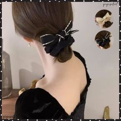 リボンシュシュ キラキラヘアゴム 蝶結びレディース ヘアアクセサリー おしゃれ ヘアアレンジ 髪飾り 大人可愛い 光沢サテン ラインストーン 女子会 パーティーまとめ髪 韓国風 上品 ヘアアクセ デート 発表会