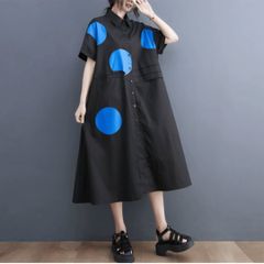 モード系  ニューデザイン ドット柄  配色 ハーフスリーブ  Aライン   ロングシャツワンピース