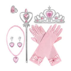[DFsucces] プリンセス アクセサリー 7点セット コスプレ用 女の子 飾り おもちゃ 子供 ティアラ 魔法のステッキ 指輪 手袋 ネックレス イヤリング かつら 髪飾り 変身 ハロウィン クリスマ パーティー 文化祭 演奏会 (ピンク) 0