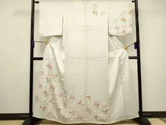 付け下げ　スワトウ刺繍　桜　梅花　扇　流水　花模様　着物　020k 付け下げ スワトウ刺繍 桜 梅花 扇 流水 花模様 着物 020k
