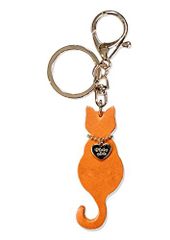 オレンジ [byDream] 可愛い猫模様 猫キーホルダー 本革 バッグチャーム ハンドメード 革チャム ネコキーリング (オレンジ)