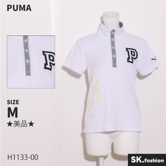 ★美品★ PUMA プーマ トップス　ゴルフウェア　半袖　ロゴ　刺繍　メッシュ　通気性 　ホワイト　 【H1133-00】 送料無料　古着　レディース