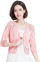 Dep Club ボレロ レディース 夏 シアーカーディガン レース ショート丈 薄手 uvカット 日焼け防止 長袖ボレロ 透かし編み ニット カーデガン 羽織 羽織り シースルー メッシュ(ピンク,  Free Size)