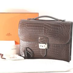 【期間限定＋特別価格3/31まで】HERMES エルメス サックアデペッシュ 27 クロコダイル ポロサス 美品 ビジネスバッグ ハンドバッグ ブラウン シルバー金具 □P刻印 クロシェット カギ 箱 保存袋付 ユニセックス （260）