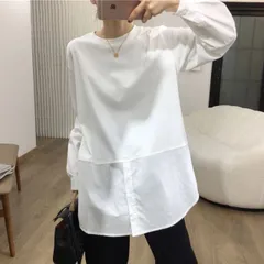 厚手　XLサイズ　トップス　切り替え　ロング　透け感なし　Tシャツ　韓国　シンプル　無地 白