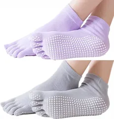 Copeflap ヨガソックス 5本指 ピラティス 靴下 滑り止め 2足セット レディース 指あり(グレーとライトパープル,  Free Size)