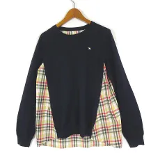 アーノルドパーマー Arnold Palmer ドッキング プルオーバー ニット ブラウス チェック ロゴ 刺繍 長袖 L 3 紺 ネイビー 黄 ベージュ マルチカラー