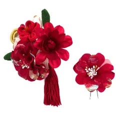 髪飾り 成人式 つまみ細工 赤 振袖 前撮り 袴 花 ちりめん 2点セット 白 ゴールド 組紐 房 ビーズ レース 和柄 大きい 小さい No.12-0394