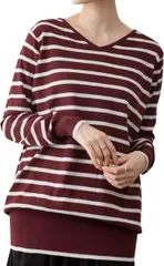 NEKORA Vネック ボーダー ニット 綿100 セーター トップス レディース カットソー 秋冬服 ドルマンスリーブ ニットセーター セクシー あたたか 韓国風 おおきいサイズ ニットワンピース( バーガンディオフホワイト,  LL-3L)