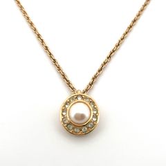【鑑定済み】難あり 正規品 クリスチャン ディオール Christian Dior ネックレス ラインストーン フェイクパール GPゴールド ブランド アクセサリー