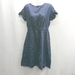 ◇ ⊂◎ peu pres プープレ リネン100% 半袖 ミディ ワンピース サイズM ネイビー レディース E  【1410290044414】