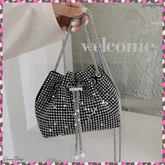 送料無料 キラキラ 巾着バッグ チェーンミニバッグ バケツバッグ レディース ラインストーン 斜め掛けバッグ コンパクト 肩掛けかばん 可愛い お呼ばれバッグ 結婚式二次会 キレイめポシェット 小さめ 軽量バッグ パーティーバック黒