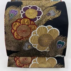 袋帯 美品 秀品 振袖向け 梅 孔雀の羽 金糸 金彩 黒 六通 正絹 【中古】