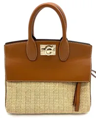 未使用級✨フェラガモ スタジオバッグ　ラフィア　レザー　ポーチ付き　グリーン サルヴァトーレ・フェラガモ Salvatore Ferragamo スタジオ2WAY