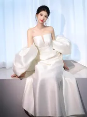 新品未使用 前撮りに最適 パフスリーブウェディングドレス結婚式用