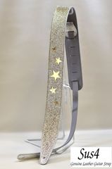 国内生産 ハンドメイド 本革　ギターストラップ(Genuine Leather Guitar Strap)　シルバー 星形　ステッチ有り