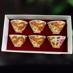 景徳鎮風 龍柄 茶杯 6個セット 金彩装飾 湯のみ 磁器