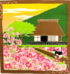 【５４】小風呂敷　コスモス　秋桜　たまのお散歩　シャンタンチーフ　ランチクロス　タペストリー