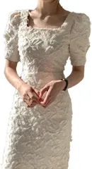 Takusan Shopping タイトドレス スクエアネック レディース ワンピース フェザードレス パフスリーブワンピース 結婚式 キャバ嬢(ホワイト,  M)