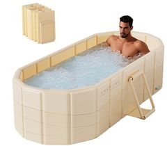 バスタブ＋バスポンプ セット Bounvi ポータブルバスタブ 折り畳み浴槽 簡易風呂 露天風呂 水風呂 コンパクト 組み立て不要 収納便利 持運び便利 長時間保温 子供 大人用 家庭用 ゴールド フタなし 1.5M 150cm