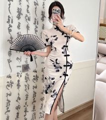 「モノトーン転写プリント　黒パイピング　フラワー柄チャイナドレス」　チャイナ　ドレス　チャイナ服　キャバ　キャバドレス　Mサイズ　オフホワイト　D-2142
