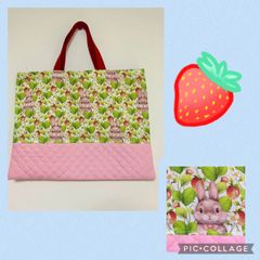 【2024 新作】ハンドメイド　うさぎといちごのレッスンバッグ　入園グッズ　絵本バッグ　うさぎ　いちご　通園　通学