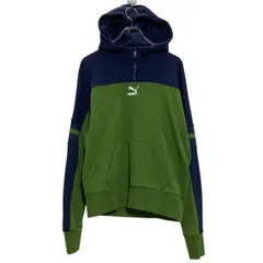PUMA ロゴスウェット パーカー S ネイビー グリーン プーマ プルオーバー ハーフジップ 古着卸 アメリカ仕入 a701-6649